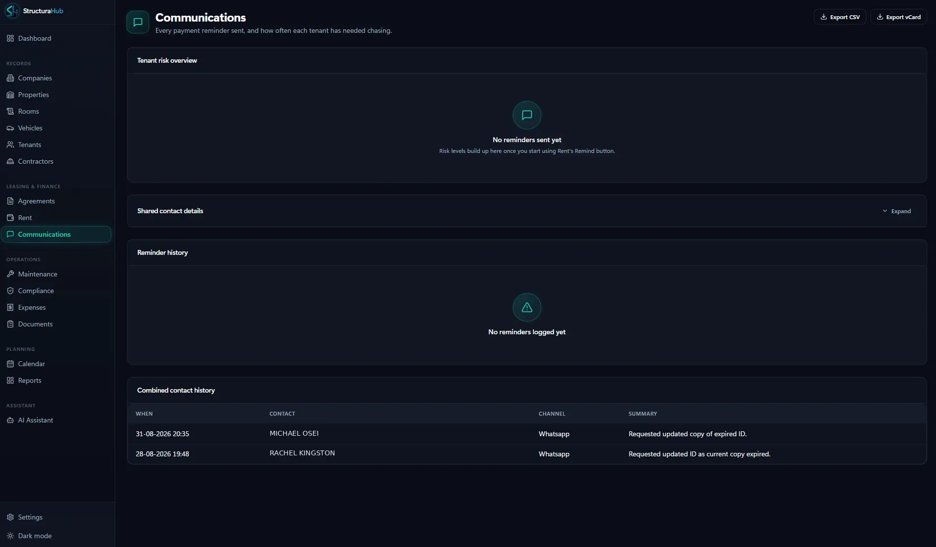 StructuraHub tenant communications and reminder history