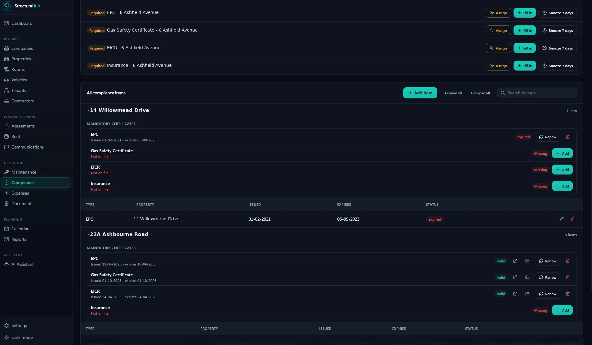 StructuraHub compliance tracking for EPC, gas safety and EICR
