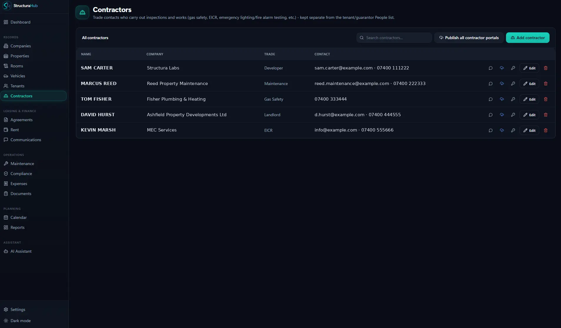 StructuraHub contractors directory with contact details