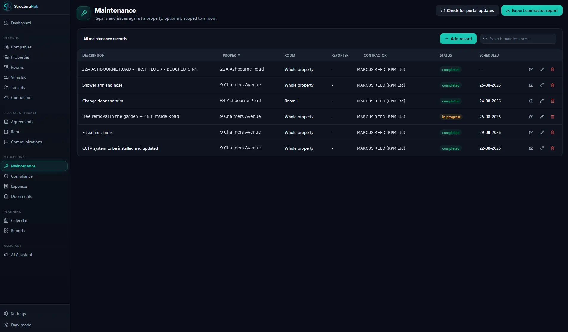 StructuraHub maintenance jobs and contractor tracking