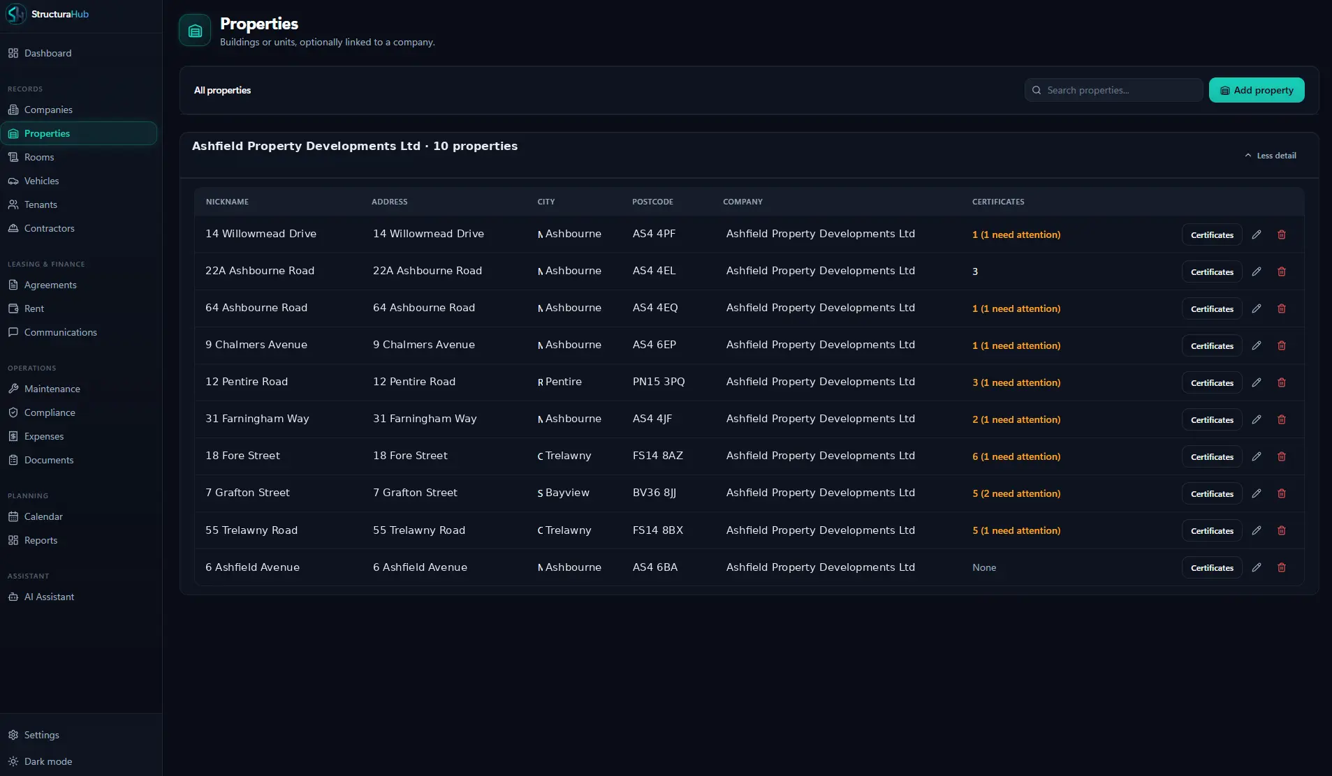 StructuraHub properties list with addresses and certificate status