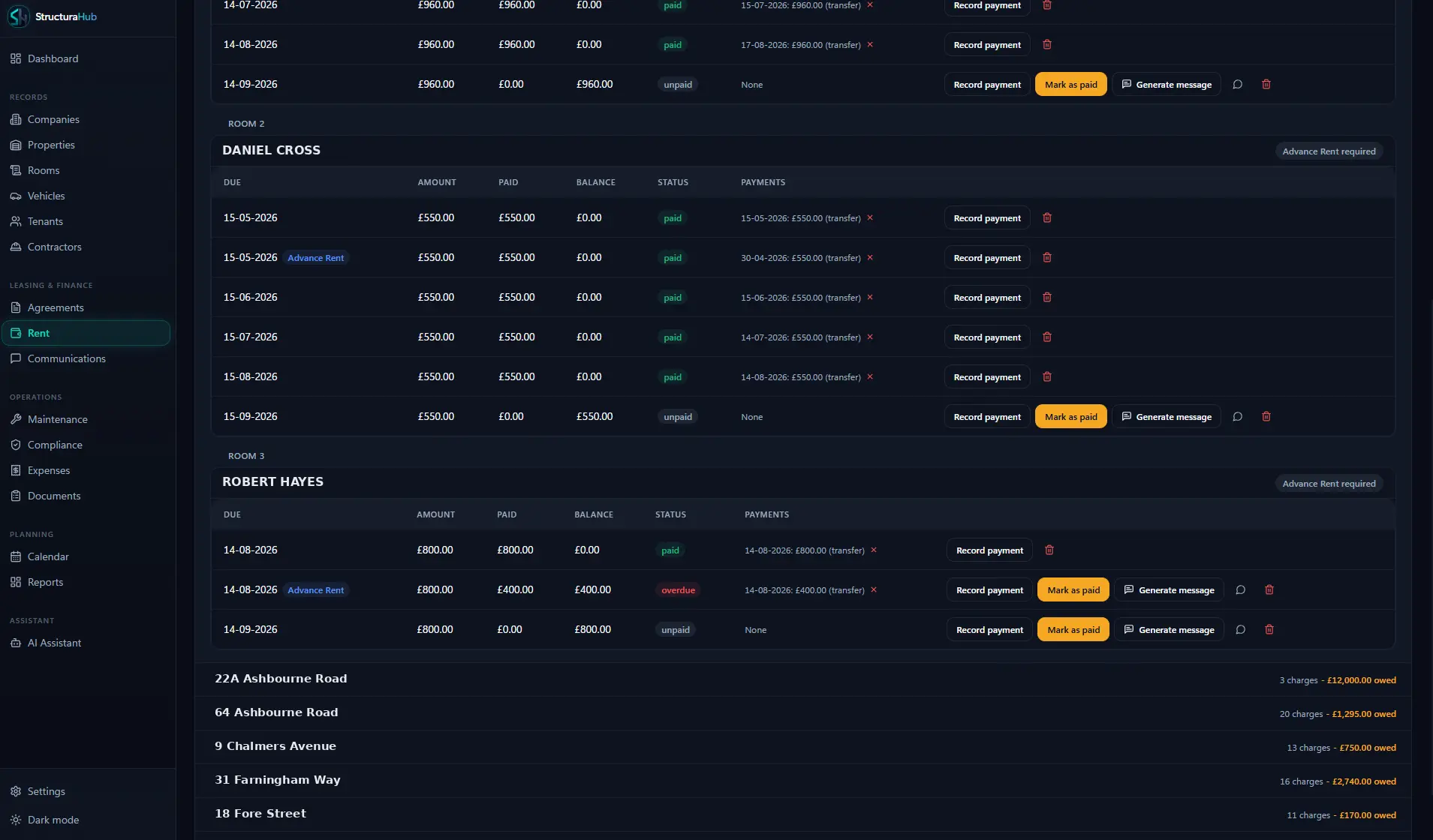StructuraHub rent ledger per tenant with payment history