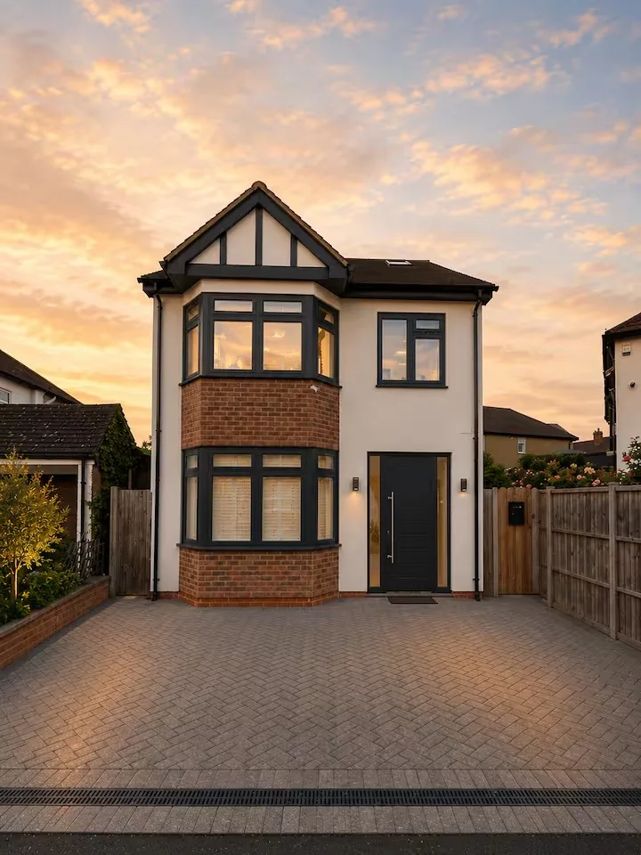 Front of a modern detached house in London at sunset
