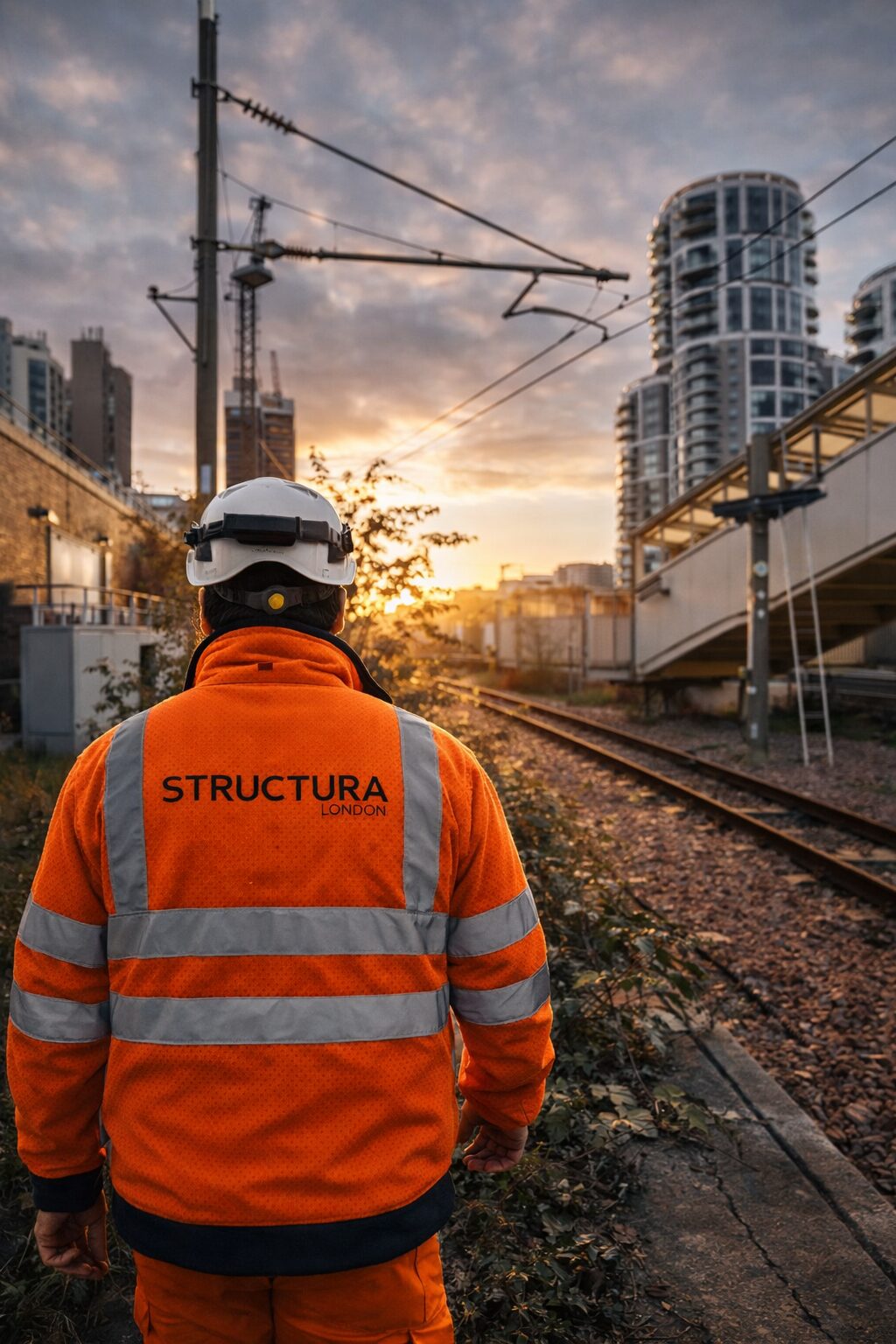 Structura engineer on a rail platform at sunset, representing infrastructure work